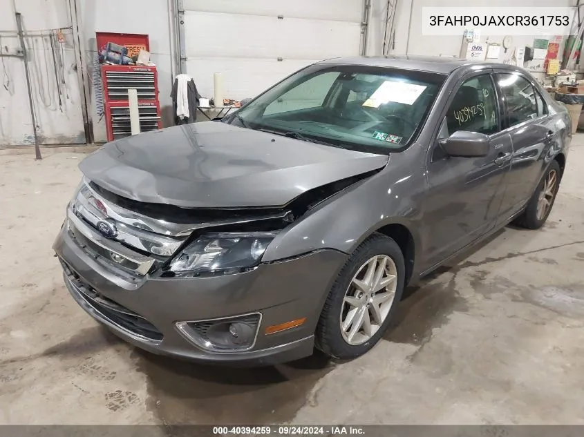 2012 Ford Fusion Sel VIN: 3FAHP0JAXCR361753 Lot: 40394259