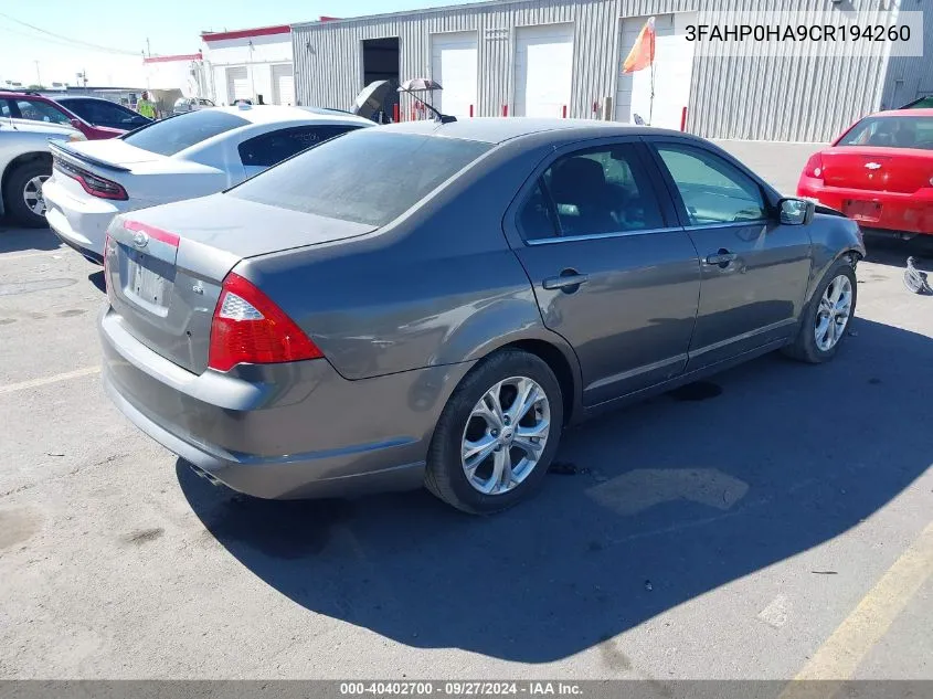 3FAHP0HA9CR194260 2012 Ford Fusion Se