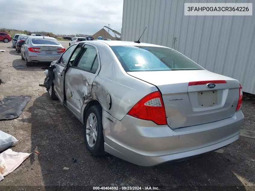 2012 Ford Fusion S VIN: 3FAHP0GA3CR364226 Lot: 40404592