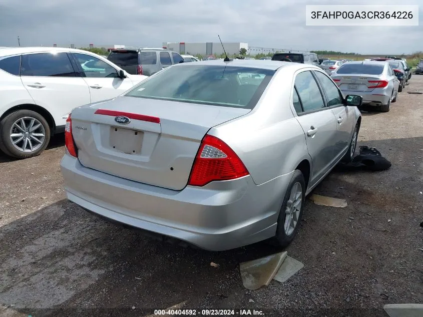 2012 Ford Fusion S VIN: 3FAHP0GA3CR364226 Lot: 40404592