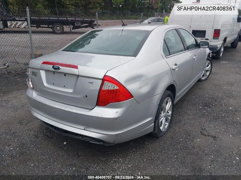 3FAHP0HA2CR408361 2012 Ford Fusion Se