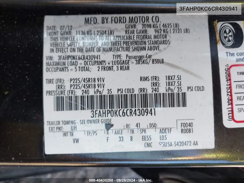 2012 Ford Fusion Sport VIN: 3FAHP0KC6CR430941 Lot: 40430258