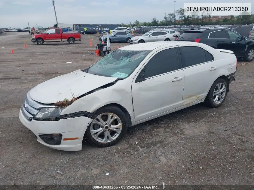 2012 Ford Fusion Se VIN: 3FAHP0HA0CR213360 Lot: 40433256