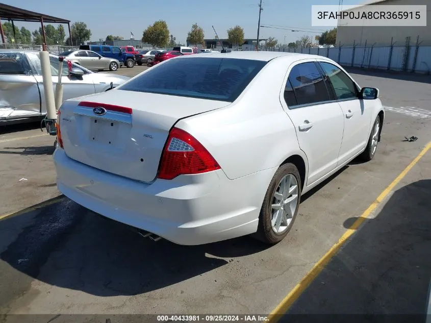 2012 Ford Fusion Sel VIN: 3FAHP0JA8CR365915 Lot: 40433981