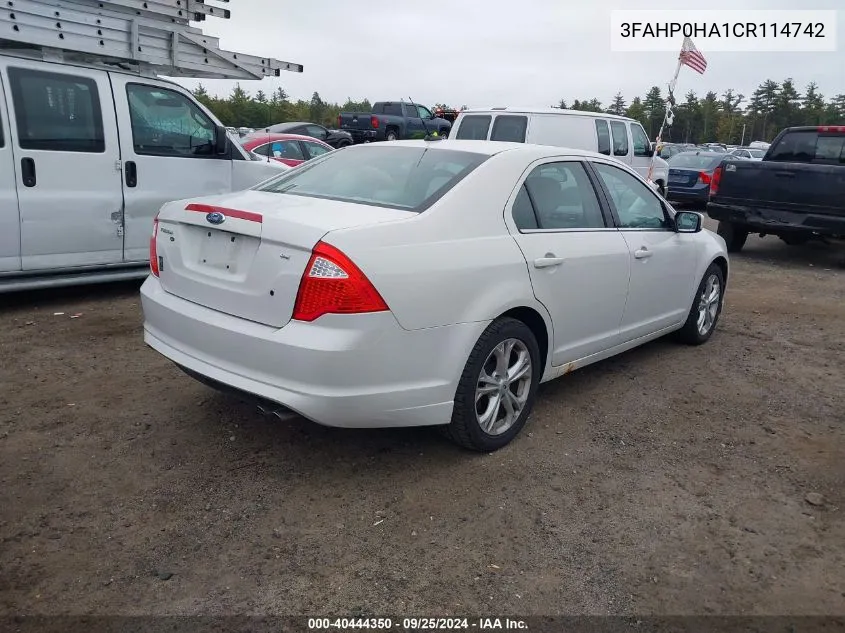 2012 Ford Fusion Se VIN: 3FAHP0HA1CR114742 Lot: 40444350