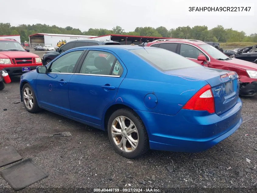 2012 Ford Fusion Se VIN: 3FAHP0HA9CR221747 Lot: 40449759