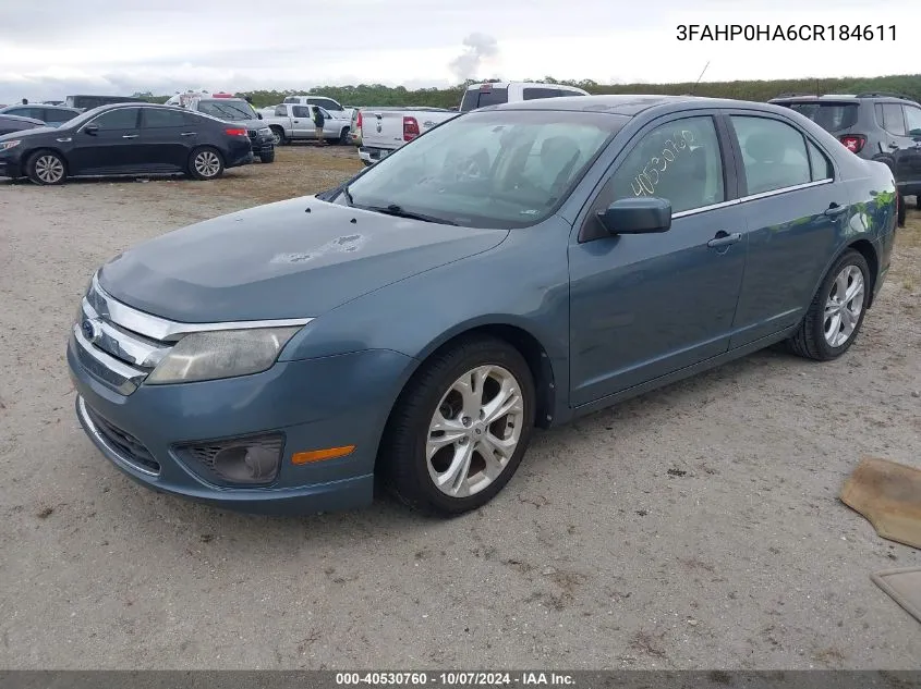 2012 Ford Fusion Se VIN: 3FAHP0HA6CR184611 Lot: 40530760