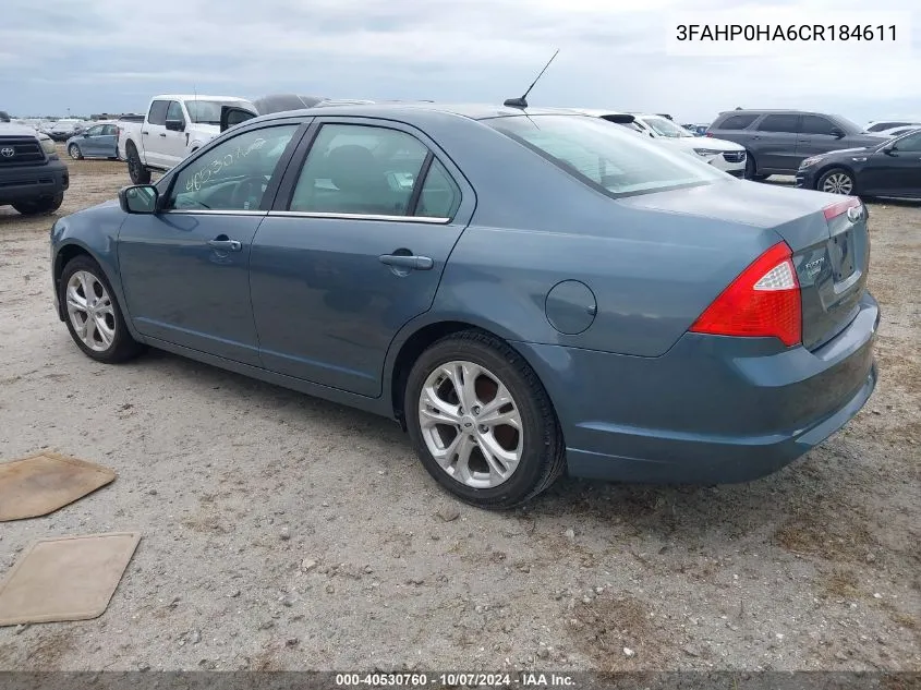 2012 Ford Fusion Se VIN: 3FAHP0HA6CR184611 Lot: 40530760