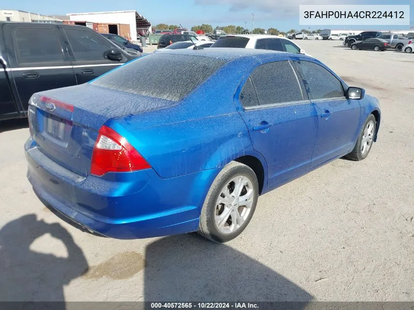 2012 Ford Fusion Se VIN: 3FAHP0HA4CR224412 Lot: 40572565