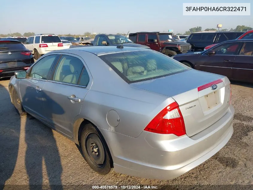 2012 Ford Fusion Se VIN: 3FAHP0HA6CR322471 Lot: 40578579