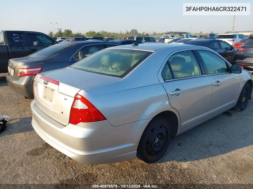 2012 Ford Fusion Se VIN: 3FAHP0HA6CR322471 Lot: 40578579