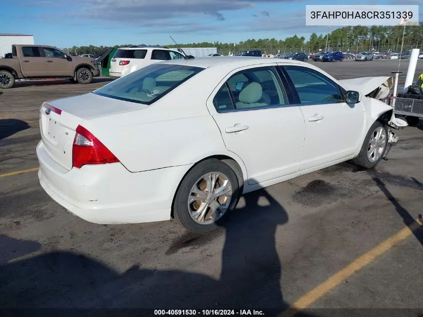 2012 Ford Fusion Se VIN: 3FAHP0HA8CR351339 Lot: 40591530