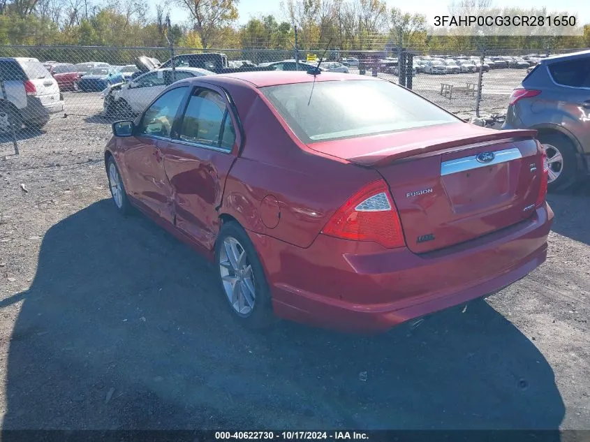 2012 Ford Fusion Sel VIN: 3FAHP0CG3CR281650 Lot: 40622730