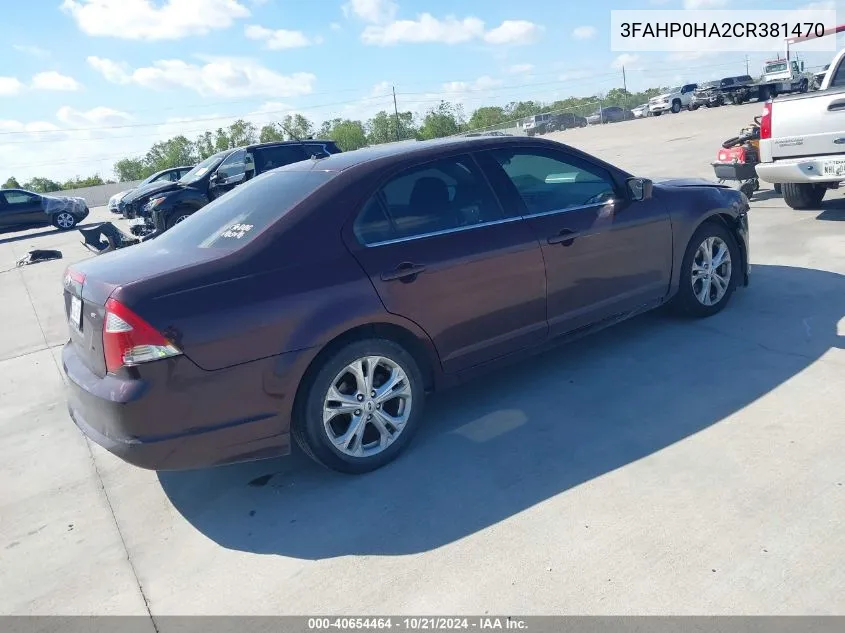 2012 Ford Fusion Se VIN: 3FAHP0HA2CR381470 Lot: 40654464