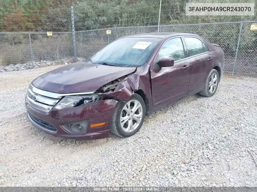 2012 Ford Fusion Se VIN: 3FAHP0HA9CR243070 Lot: 40714394