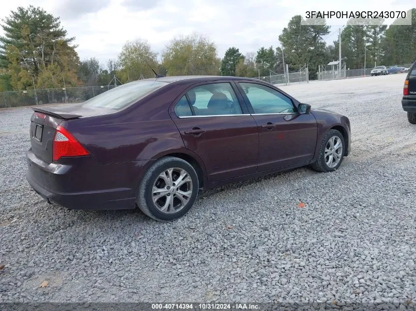 2012 Ford Fusion Se VIN: 3FAHP0HA9CR243070 Lot: 40714394