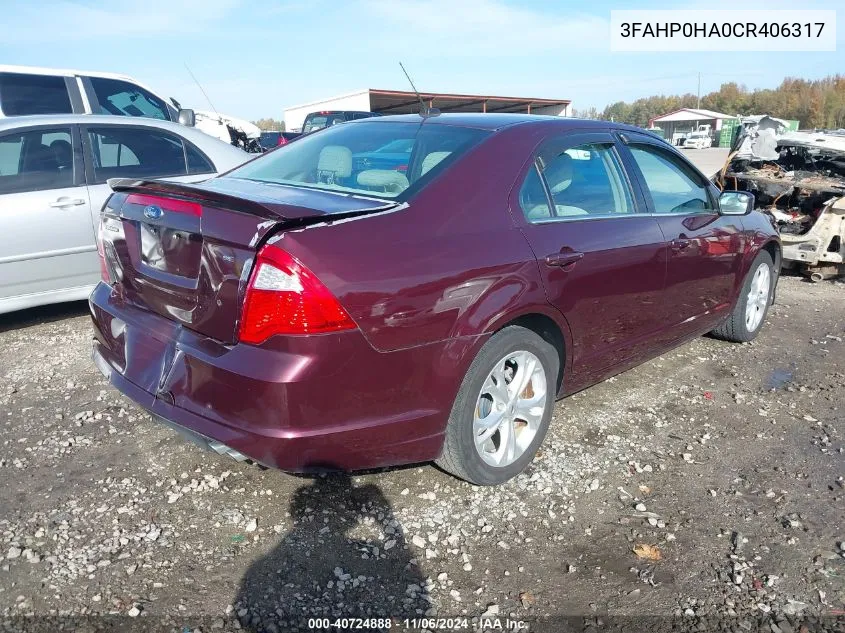 3FAHP0HA0CR406317 2012 Ford Fusion Se