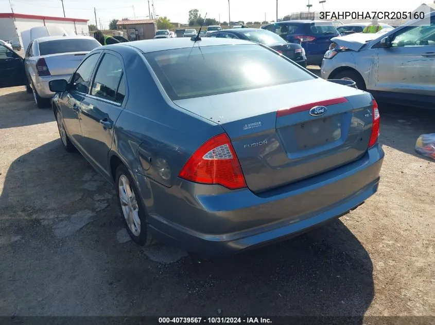 2012 Ford Fusion Se VIN: 3FAHP0HA7CR205160 Lot: 40739567