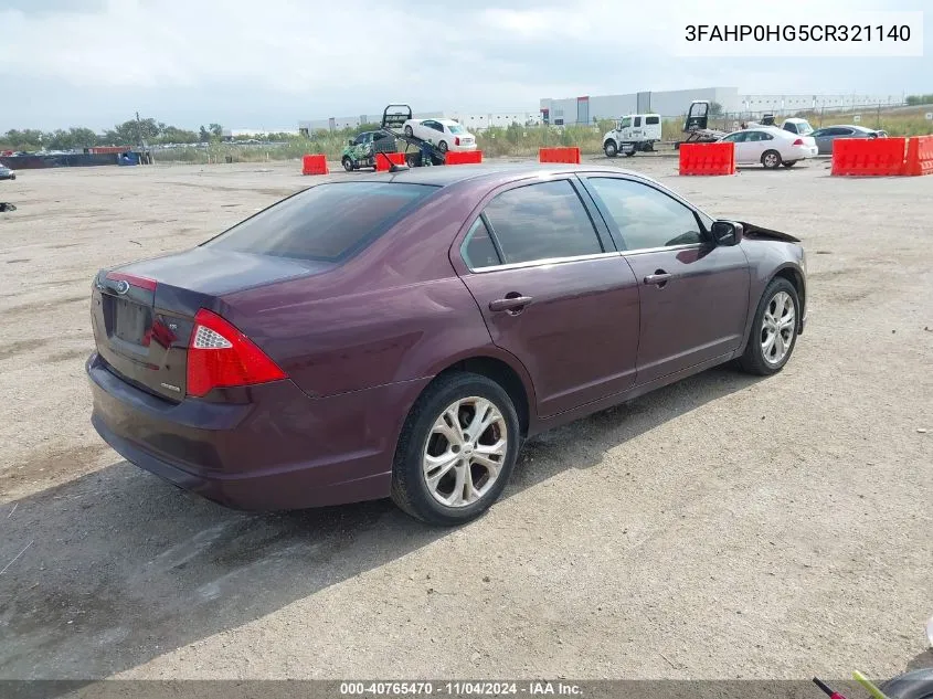 2012 Ford Fusion Se VIN: 3FAHP0HG5CR321140 Lot: 40765470