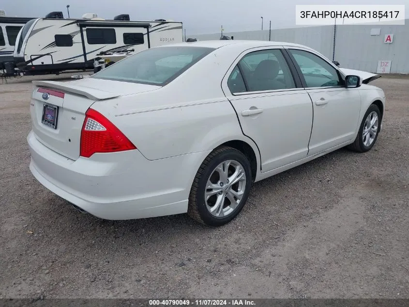 2012 Ford Fusion Se VIN: 3FAHP0HA4CR185417 Lot: 40790049