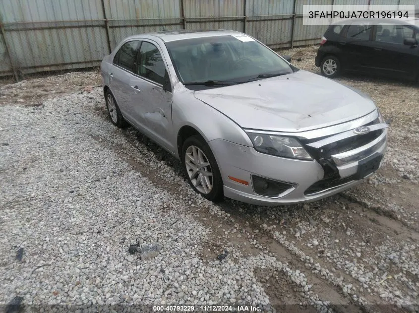 2012 Ford Fusion Sel VIN: 3FAHP0JA7CR196194 Lot: 40793229