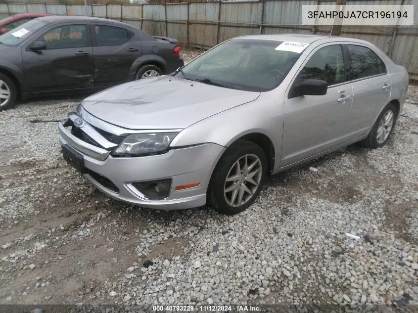 2012 Ford Fusion Sel VIN: 3FAHP0JA7CR196194 Lot: 40793229