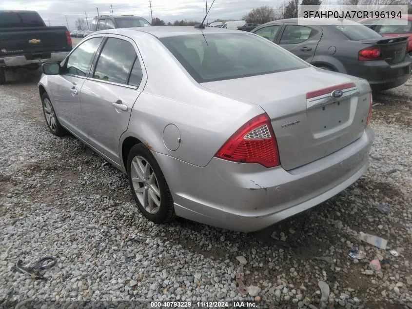 2012 Ford Fusion Sel VIN: 3FAHP0JA7CR196194 Lot: 40793229