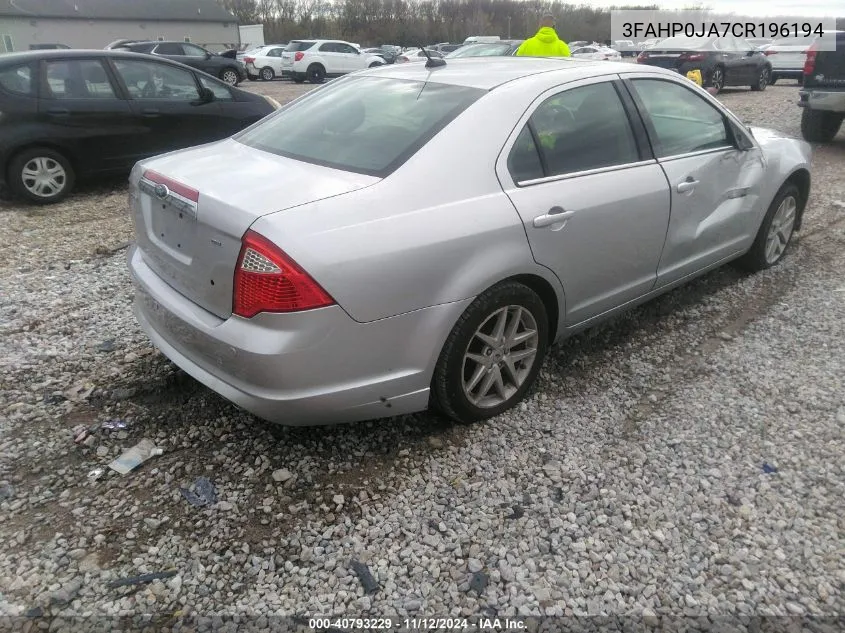 2012 Ford Fusion Sel VIN: 3FAHP0JA7CR196194 Lot: 40793229