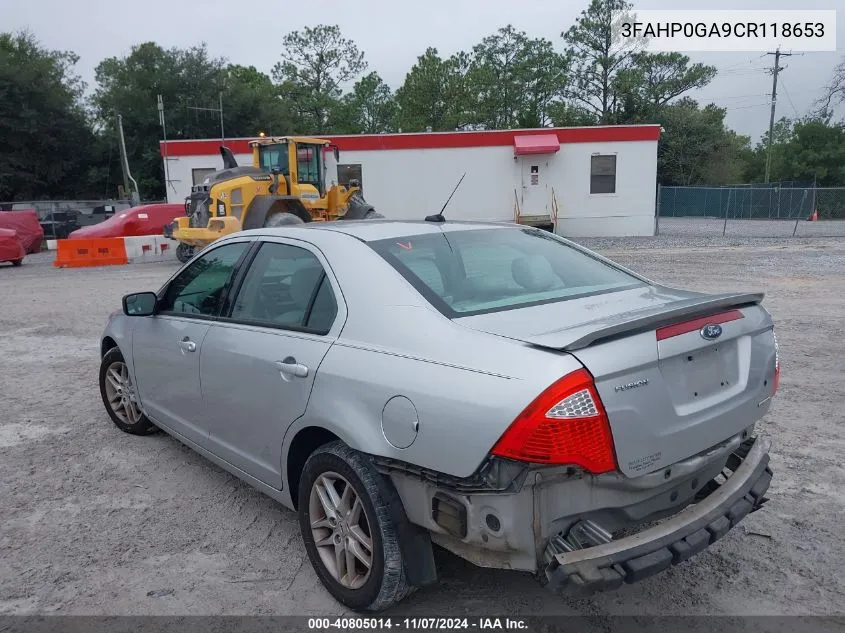 2012 Ford Fusion S VIN: 3FAHP0GA9CR118653 Lot: 40805014