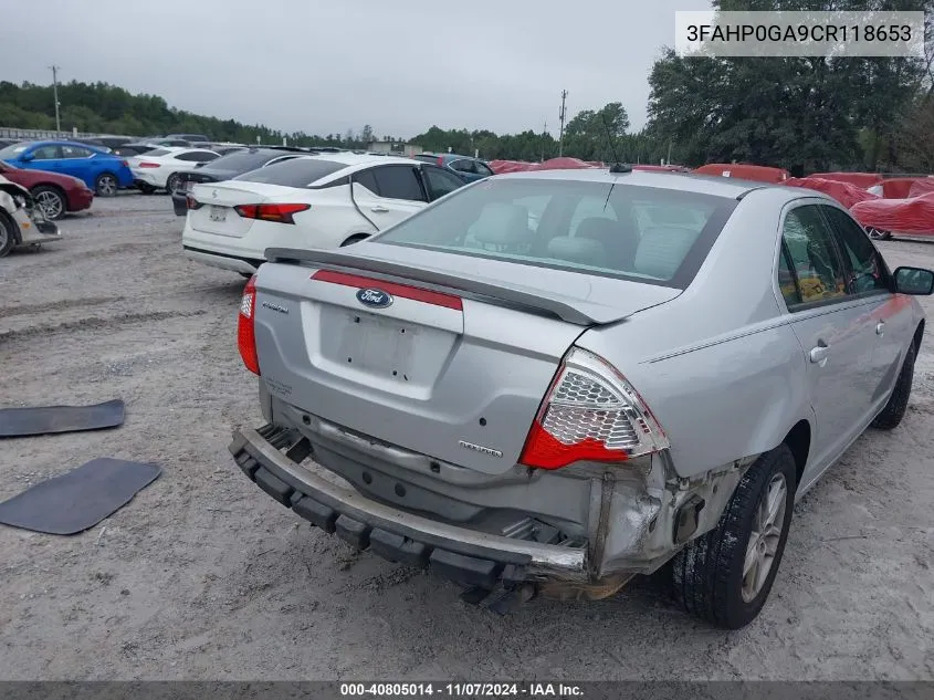 2012 Ford Fusion S VIN: 3FAHP0GA9CR118653 Lot: 40805014