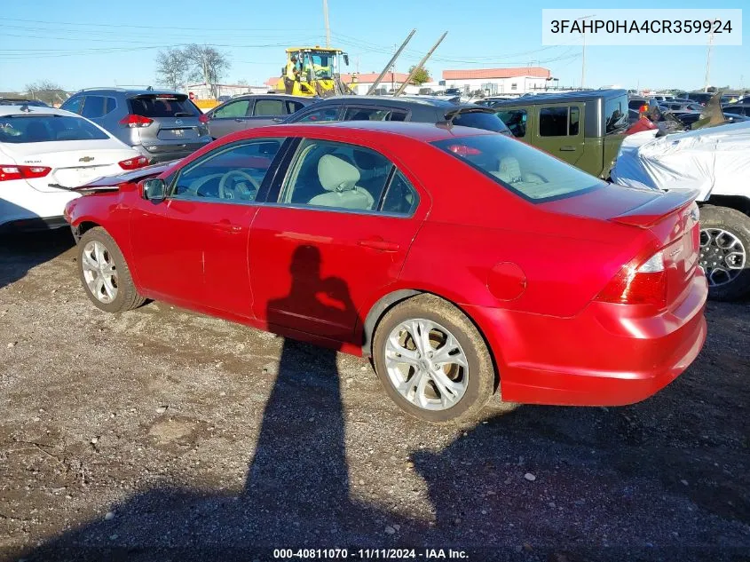 2012 Ford Fusion Se VIN: 3FAHP0HA4CR359924 Lot: 40811070