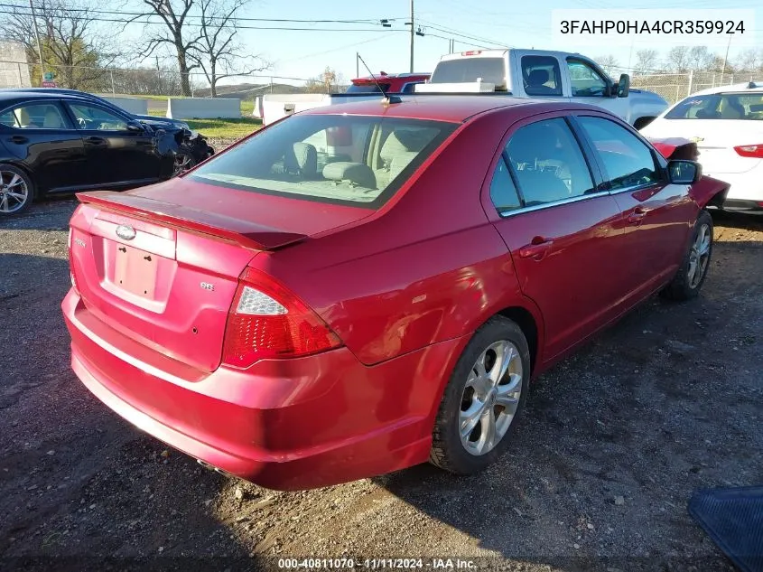 2012 Ford Fusion Se VIN: 3FAHP0HA4CR359924 Lot: 40811070