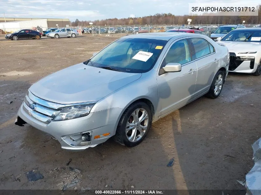 2012 Ford Fusion Se VIN: 3FAHP0HA3CR191712 Lot: 40822866