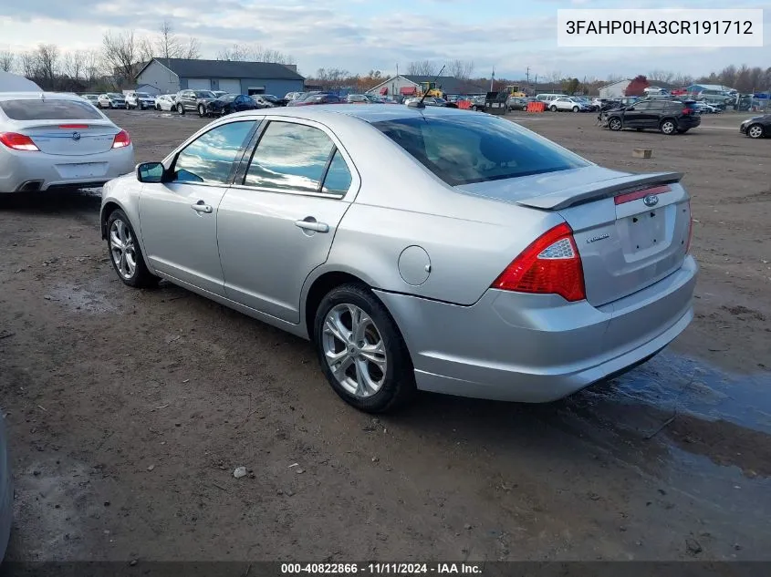 2012 Ford Fusion Se VIN: 3FAHP0HA3CR191712 Lot: 40822866