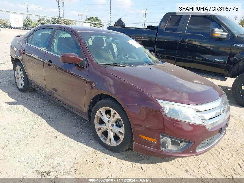 2012 Ford Fusion Se VIN: 3FAHP0HA7CR316775 Lot: 40824610