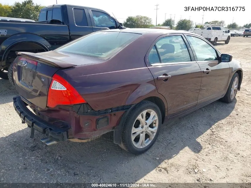 2012 Ford Fusion Se VIN: 3FAHP0HA7CR316775 Lot: 40824610