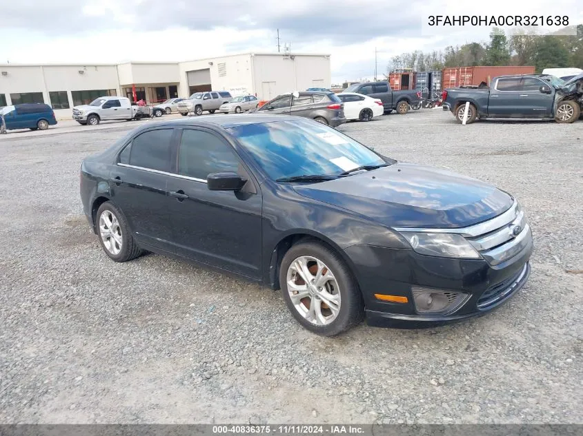 2012 Ford Fusion Se VIN: 3FAHP0HA0CR321638 Lot: 40836375