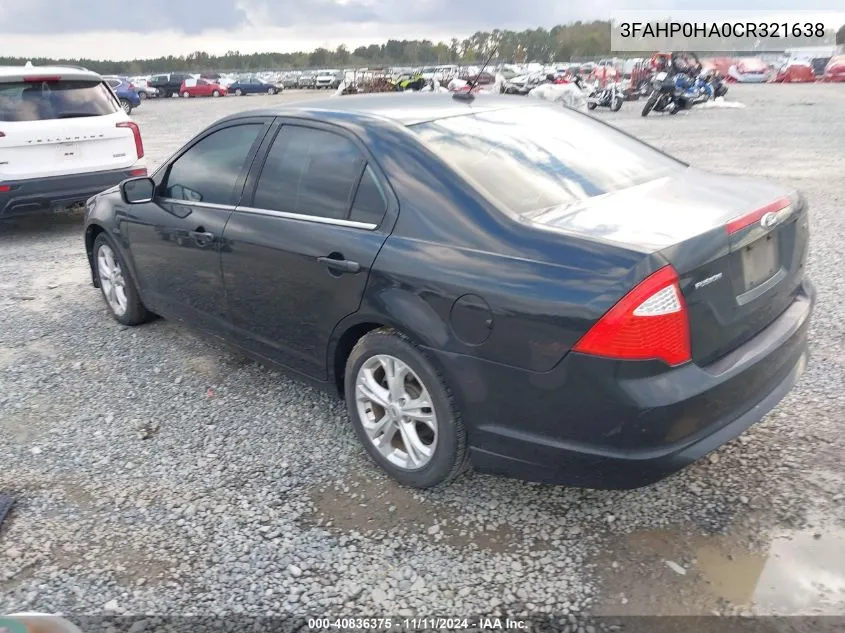 2012 Ford Fusion Se VIN: 3FAHP0HA0CR321638 Lot: 40836375