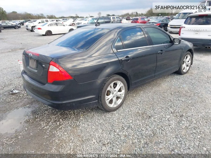 2012 Ford Fusion Se VIN: 3FAHP0HA0CR321638 Lot: 40836375