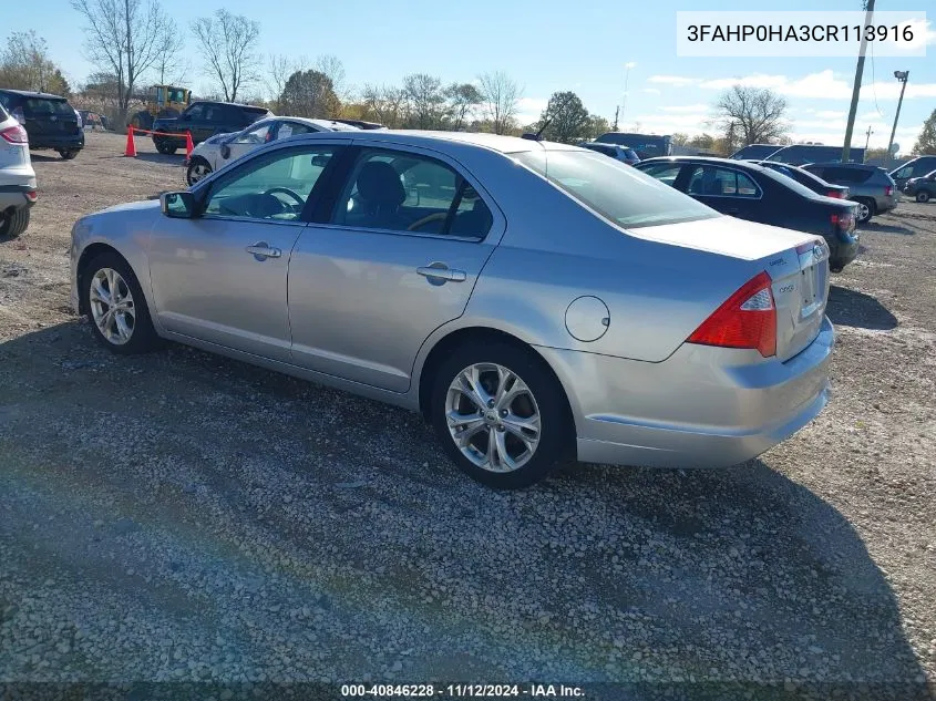 2012 Ford Fusion Se VIN: 3FAHP0HA3CR113916 Lot: 40846228