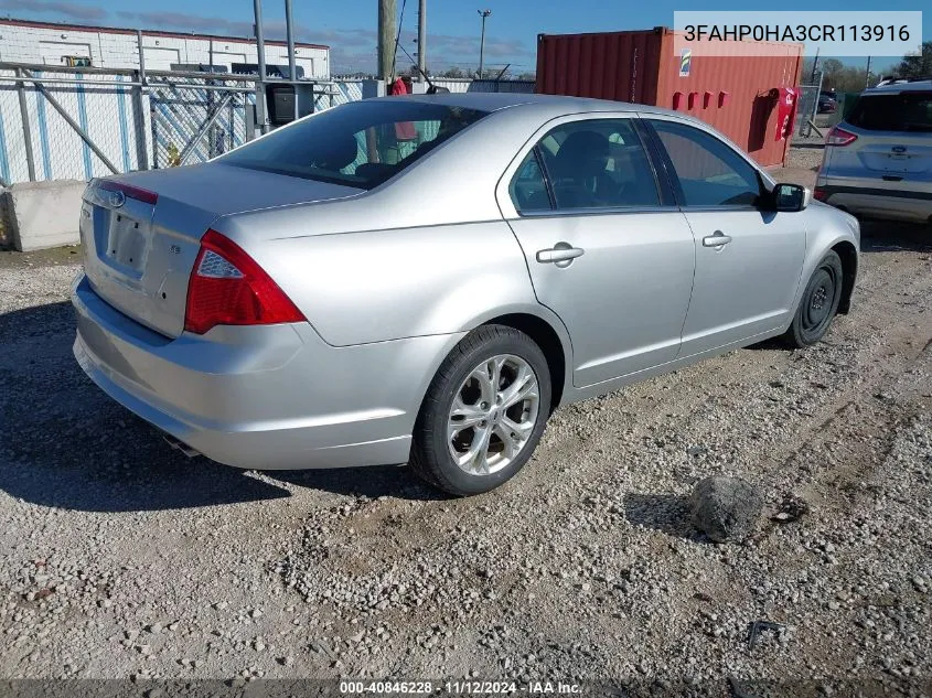 2012 Ford Fusion Se VIN: 3FAHP0HA3CR113916 Lot: 40846228