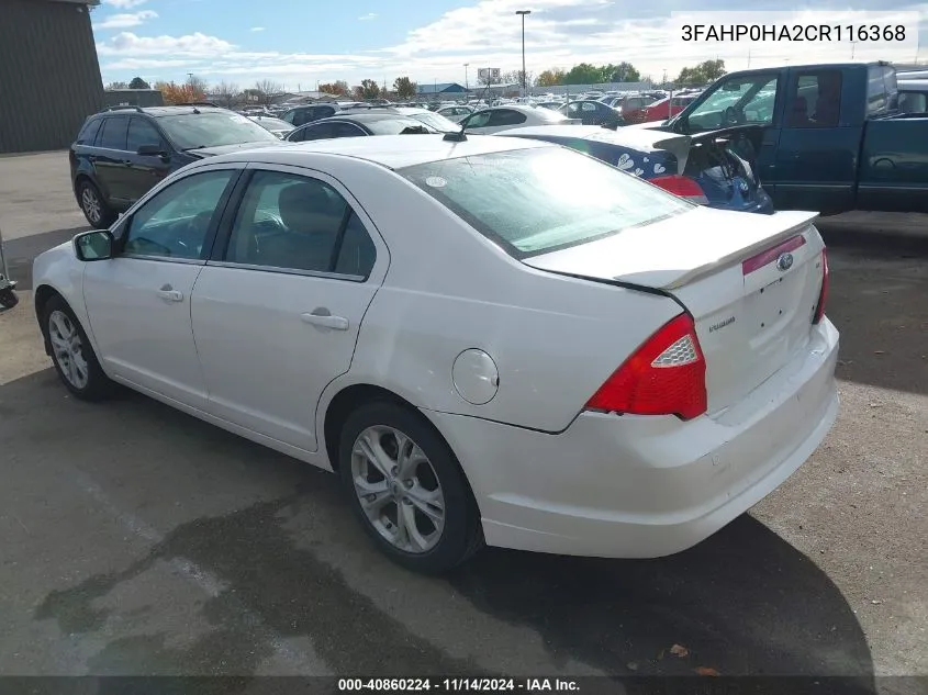 2012 Ford Fusion Se VIN: 3FAHP0HA2CR116368 Lot: 40860224