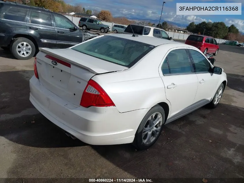 2012 Ford Fusion Se VIN: 3FAHP0HA2CR116368 Lot: 40860224