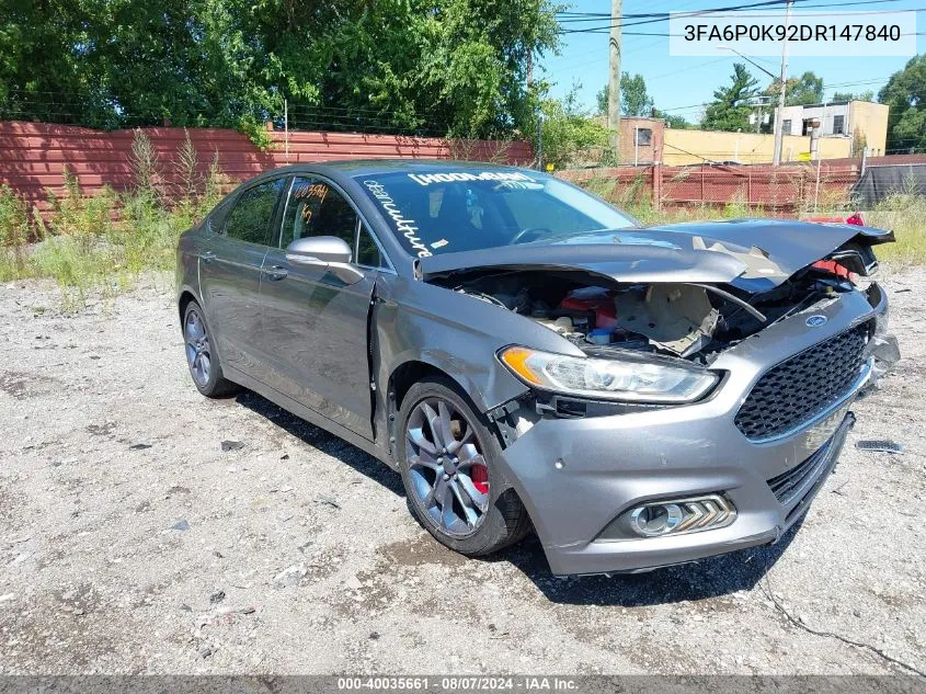 2013 Ford Fusion Titanium VIN: 3FA6P0K92DR147840 Lot: 40035661