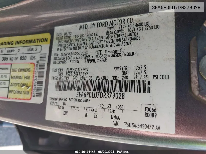 2013 Ford Fusion Hybrid Se VIN: 3FA6P0LU7DR379028 Lot: 40161148