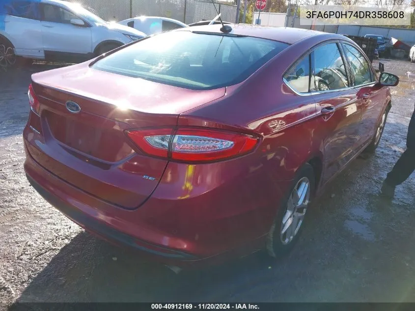 2013 Ford Fusion Se VIN: 3FA6P0H74DR358608 Lot: 40912169