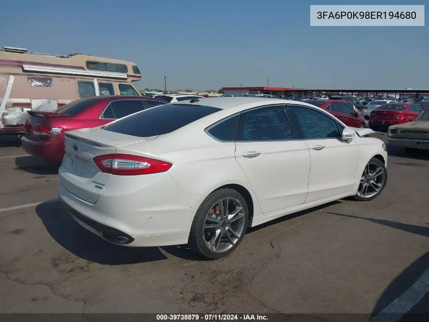 2014 Ford Fusion Titanium VIN: 3FA6P0K98ER194680 Lot: 39738879