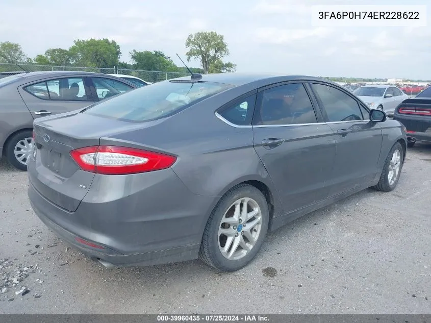 2014 Ford Fusion Se VIN: 3FA6P0H74ER228622 Lot: 39960435