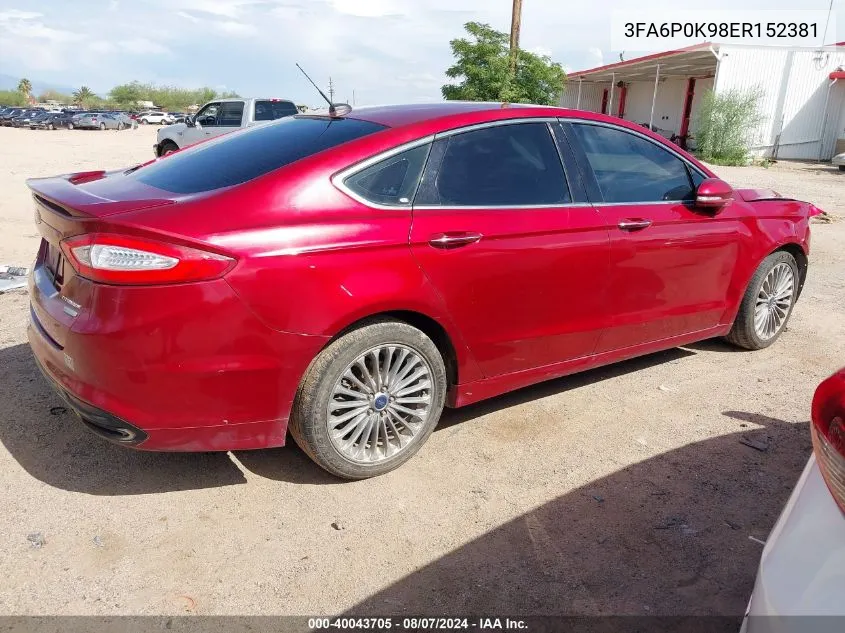 2014 Ford Fusion Titanium VIN: 3FA6P0K98ER152381 Lot: 40043705