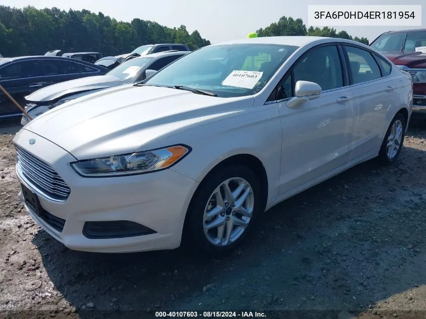 2014 Ford Fusion Se VIN: 3FA6P0HD4ER181954 Lot: 40107603